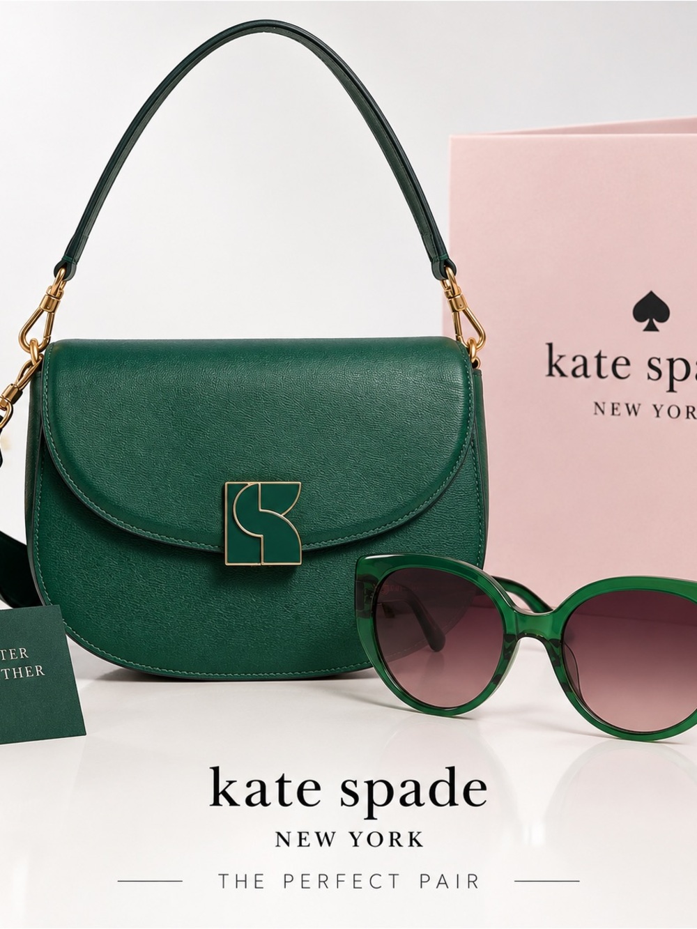 kate spade Green Leather Saddle Shoulder Bag with Gold Hardware and green glass